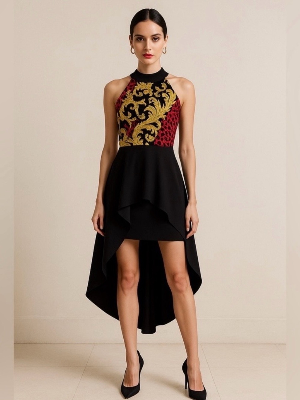 New York & Company Black High-Low Dress with Red and Gold Baroque Bodice